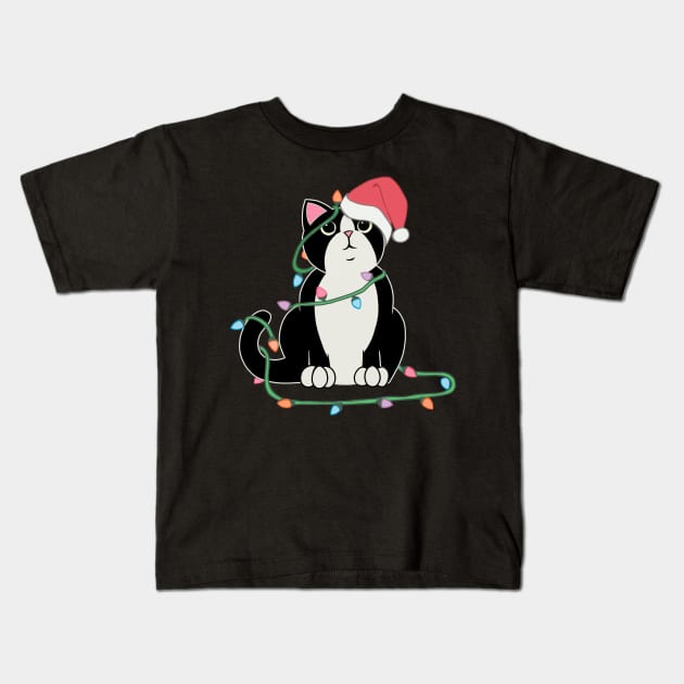 Tuxedo Cat Christmas lights funny cat lover xmas hat Kids T-Shirt by xenotransplant